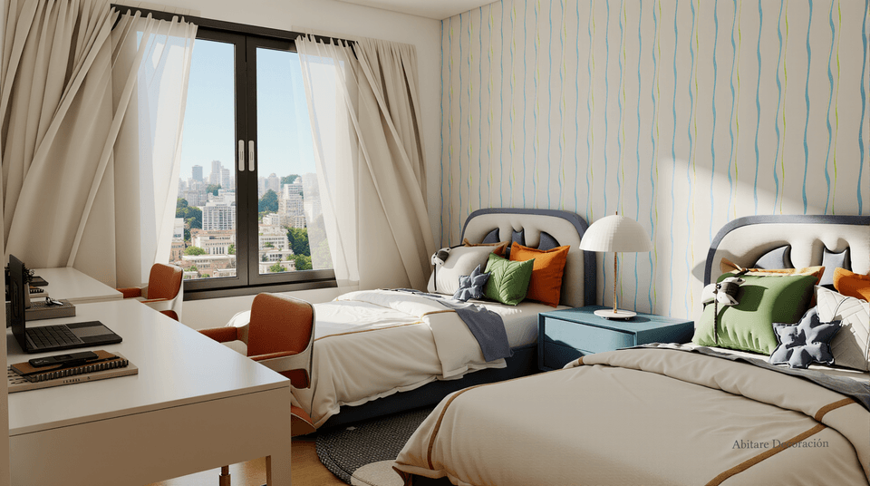 Dormitorio doble con dos camas y zona de estudio