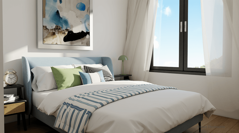 Dormitorio principal de estilo contempor&aacute;neo en una vivienda rectangular.