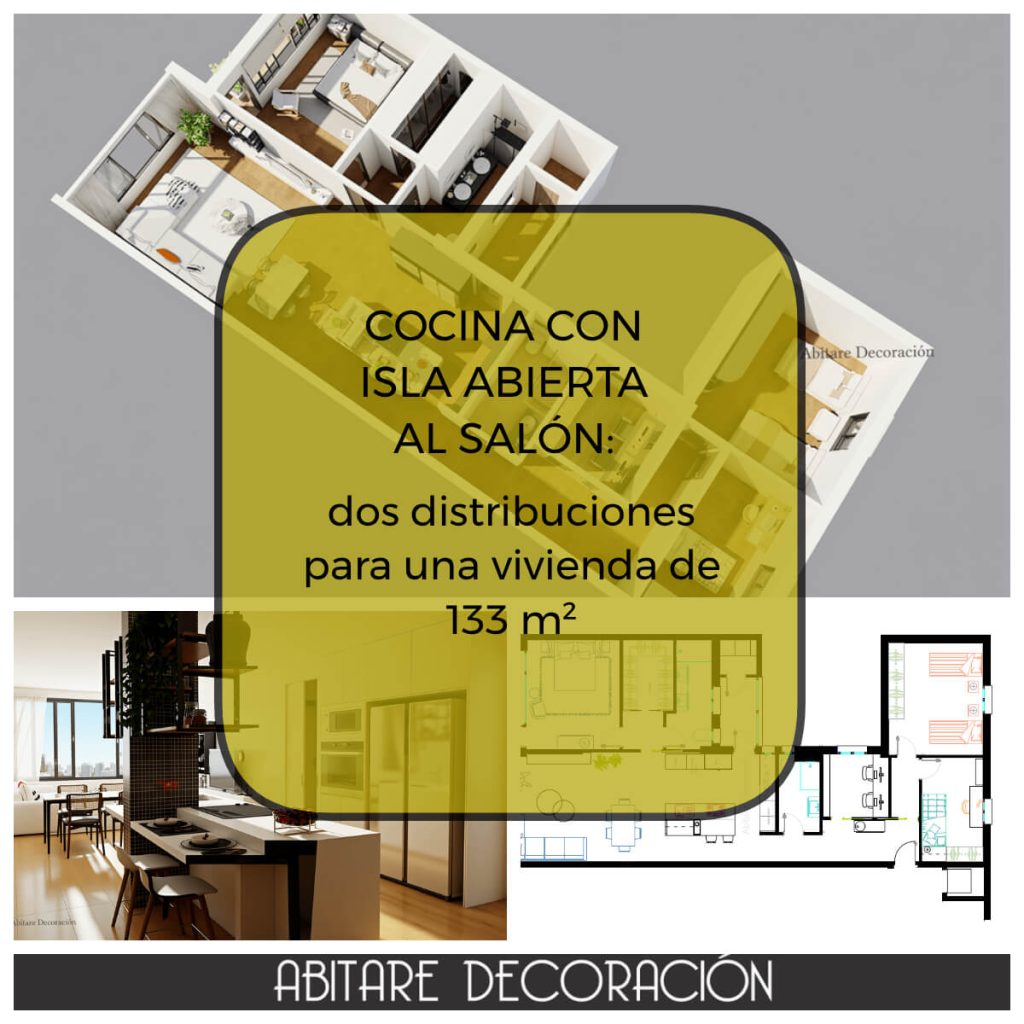 Distribuci&oacute;n de una vivienda de 133 m2, con cocina abierta al sal&oacute;n comedor, con 3 dormitorios, 2 ba&ntilde;os y despacho para teletrabajo.