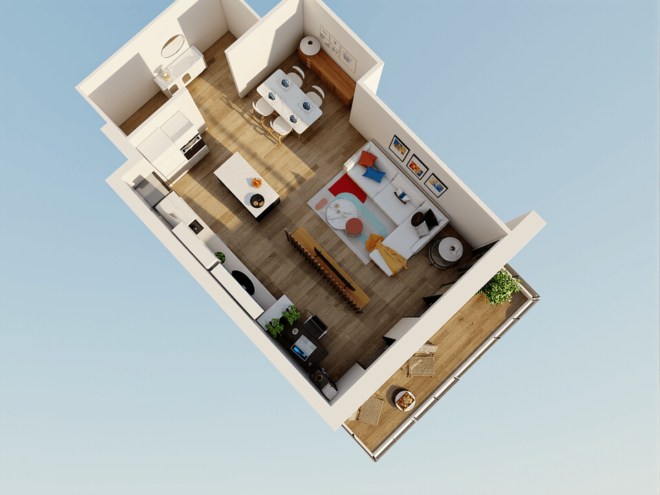 vista 3D de espacio diáfano de 42 m2 con cocina abierta al salón comedor