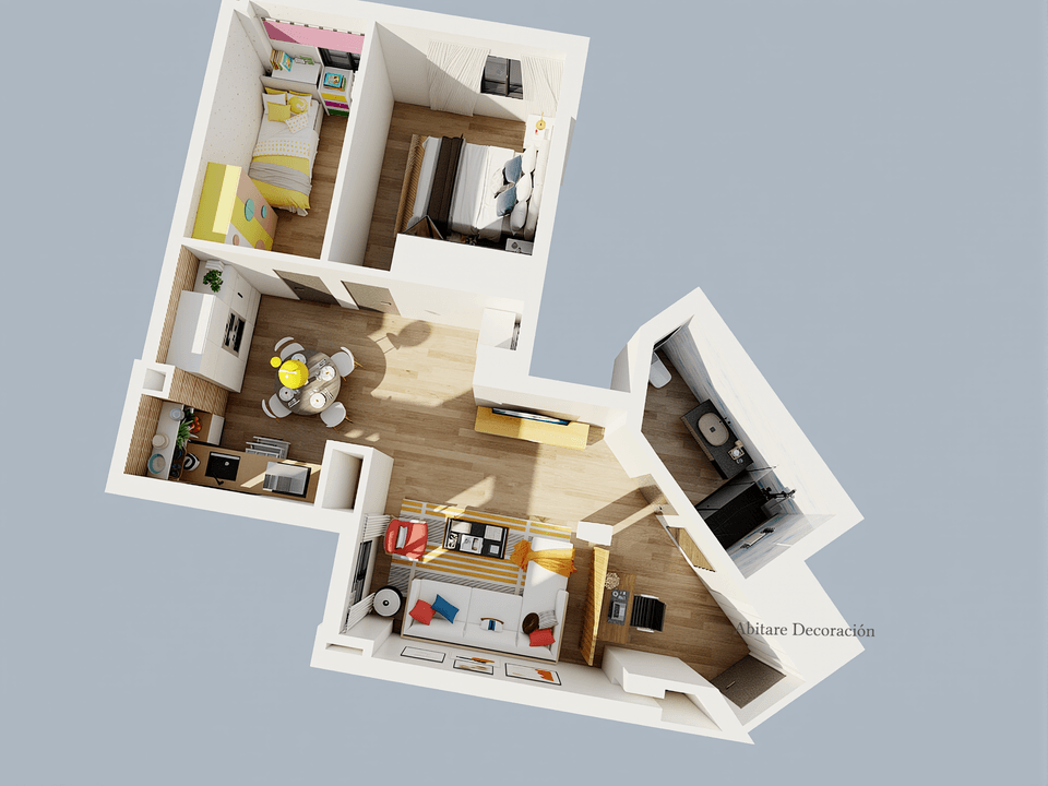 Visualización 3D de la distribución de una vivienda de 53 m²