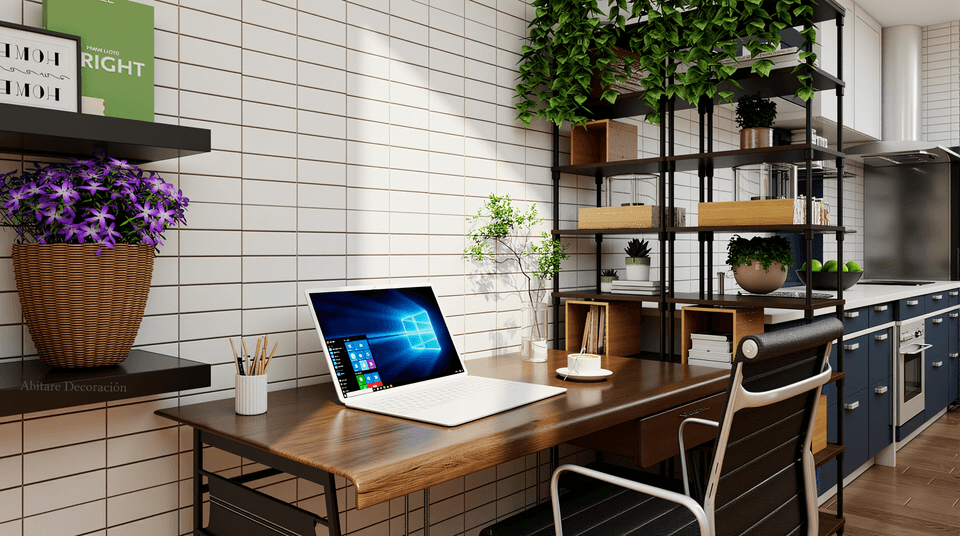 Rincón de trabajo integrado junto a la cocina en una vivienda de 42 m²
