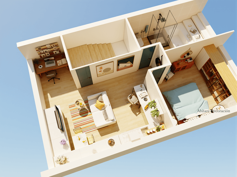 Plano 3D de buhardilla de 49 m2 convertida en vivienda con distribución optimizada