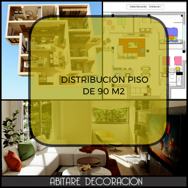 distribucion piso de 90 m2 con 3 habitaciones y cocina abierta al sal&oacute;n comedor